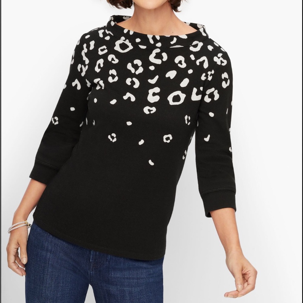 Talbots Womens 2X Jacquard Ombre Leopard Print Sweater Black White Knit Zip Back
